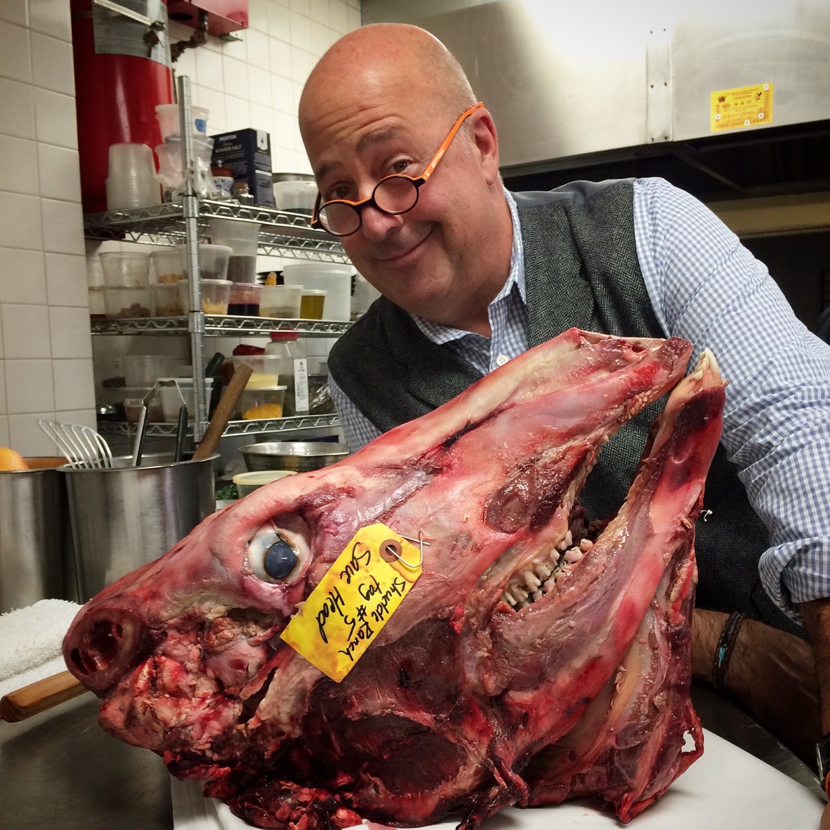 Andrew Zimmern, San Antonio Andrew Zimmern with cow head